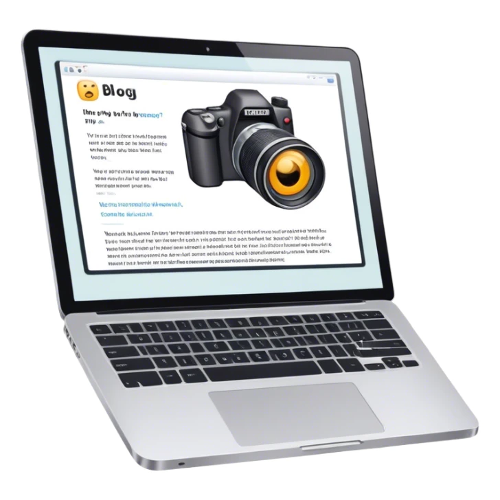 Create an emoji representing blogging. The design should feature an open laptop with a visible blog post on the screen, showing text. Add a photo or video camera to emphasize multimedia content. Do not include any emojis or smiley faces. Make the background transparent. sticker