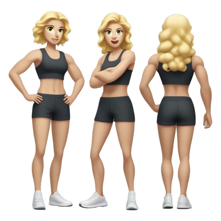 Close up Actively gesturing  with hands Pale skinned Fit woman With the biceps and blonde hair in dark gray Sleeveless Mike, black sports shorts, watch and white Sneakers sticker