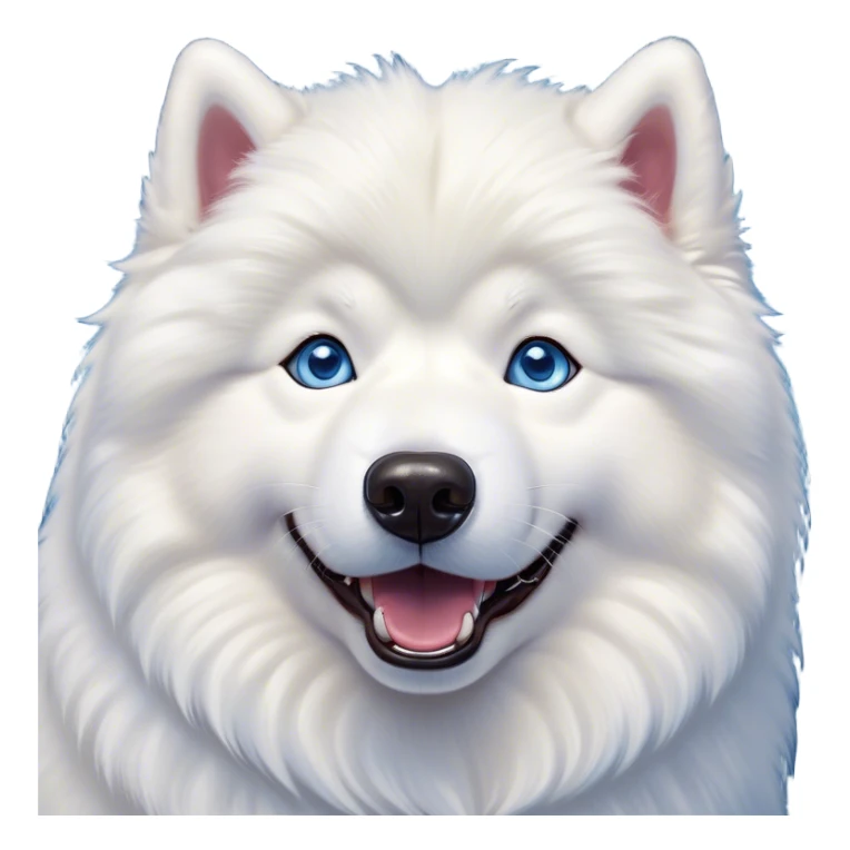 Cinematic Comical Samoyed Portrait Emoji, Head tilted dramatically with an exaggeratedly amused expression, featuring a striking, fluffy white Fur with a radiant sheen, wide, expressive blue eyes filled with playful disbelief, Simplified yet hilariously expressive features, highly detailed, glowing with a slightly sassy glow, high shine, dramatic yet playful, stylized with an air of cheeky mischief, bright and endearing, soft glowing outline, capturing the essence of a spirited and over-the-top companion, so meme-worthy it feels like it could side-eye its way into internet fame instantly! sticker