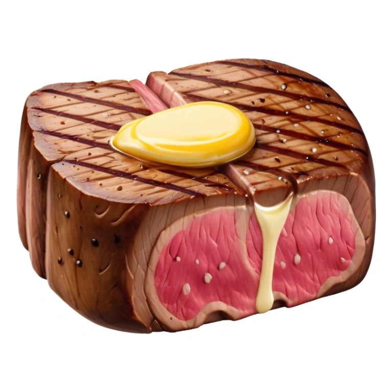 Cinematic thick-cut steak, perfectly seared with grill marks, a juicy pink center, butter melting on top, rich and savory, warm glow, sizzling and mouthwatering, highly detailed and appetizing. sticker