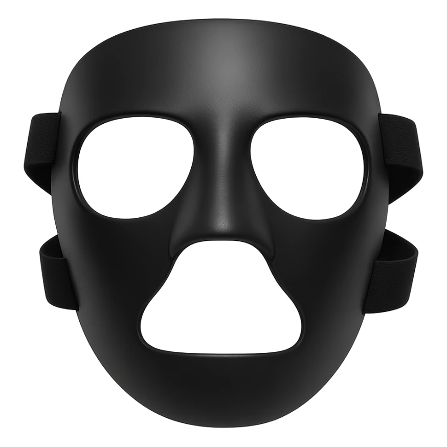 modern black face guard mask as worn by Kyrie Irving, minimal, focus on mask shape, front view sticker