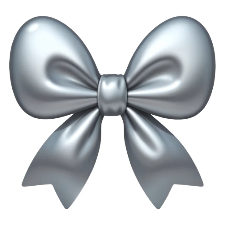 A cute bow emoji made of polished silver chrome, smooth rounded loops, glossy metallic surface, soft mirror reflections, subtle highlights, minimal and adorable proportions, iOS emoji style, centered composition, clean white background, soft studio lighting, no text, no outline, ultra high quality sticker