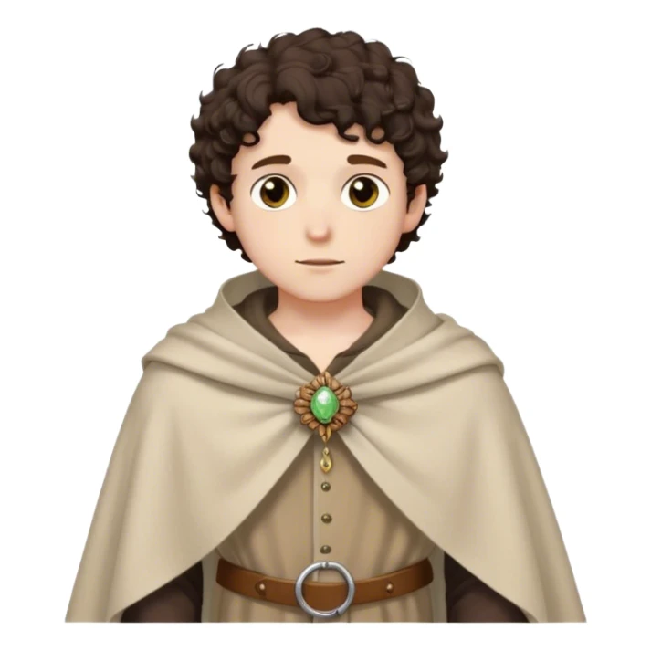 medieval spring outfit worn by a DnD themed fantasy male character. thin wool tunic with a light cloak draped over one shoulder, secured by a wooden brooch. clothes only above the waist. The clothes full waist. The character's haven't arms. character is white-skinned, dark brown hair, hazel eyes, short curly hair. sticker