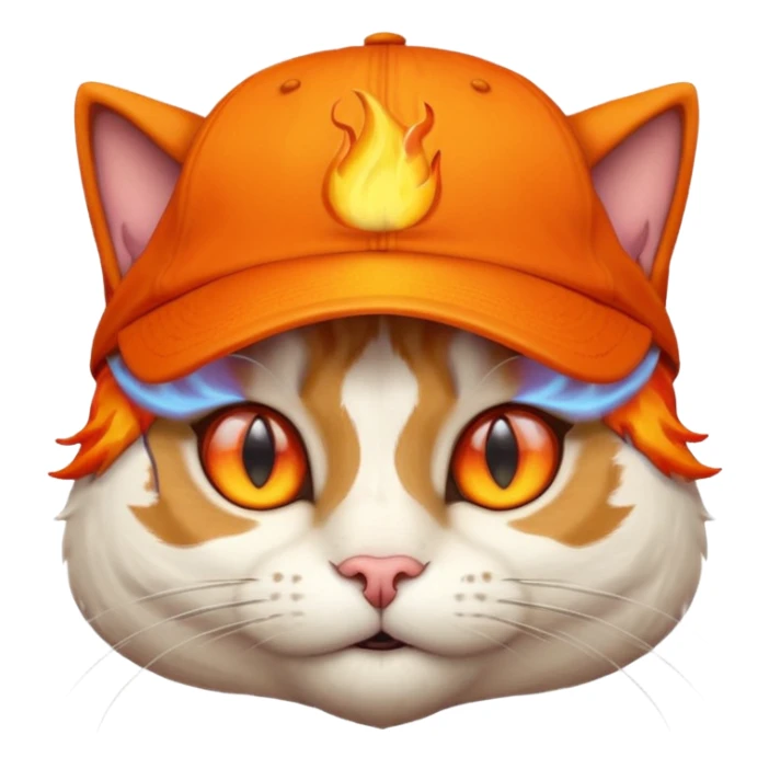 Cat with the flames in his eyes with a orange baseball hat on his head sticker