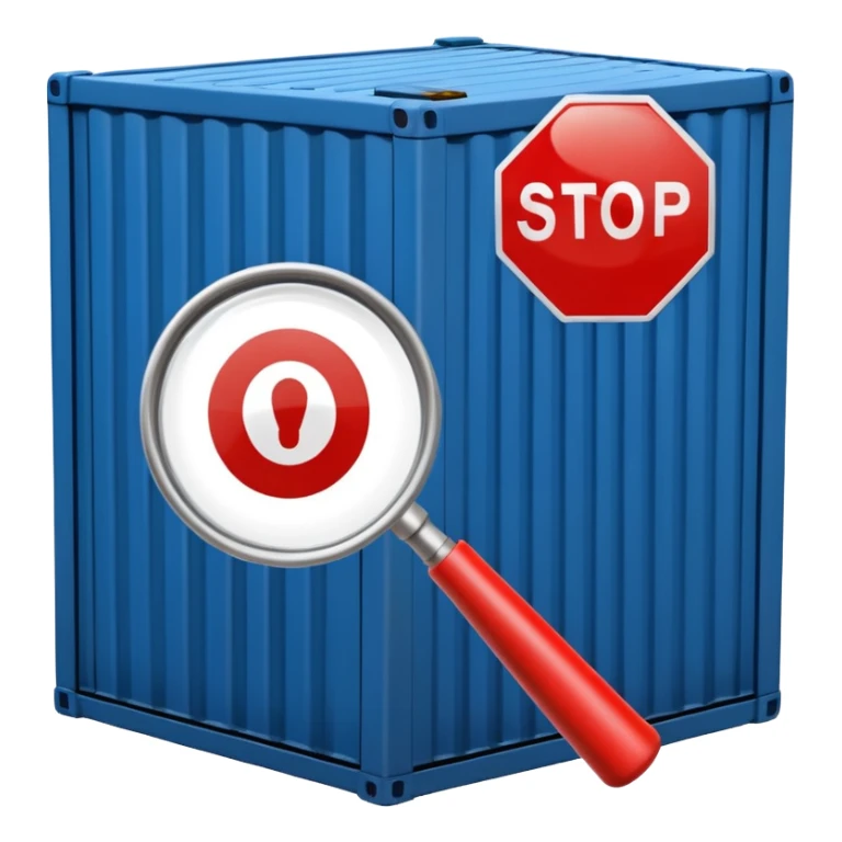 stop sign in front of a container, magnifying glass inspecting the container, customs inspection sticker