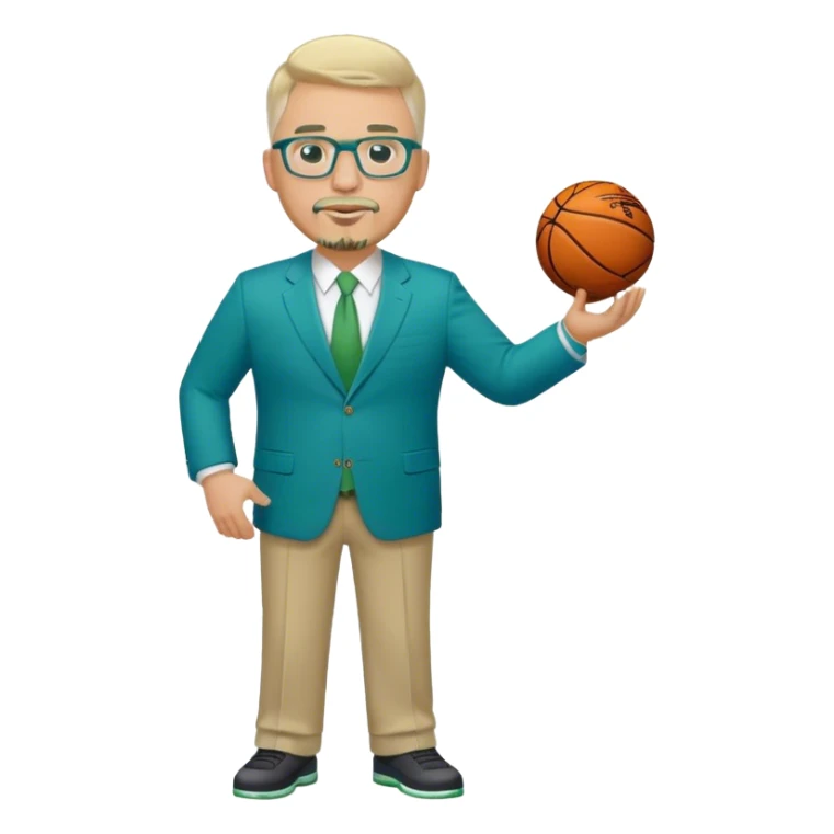 Full Body white male plus size wearing glasses with a goatee with light blonde and gray very short hair happy basketball head Coach in blue and green suit holding trophy sticker