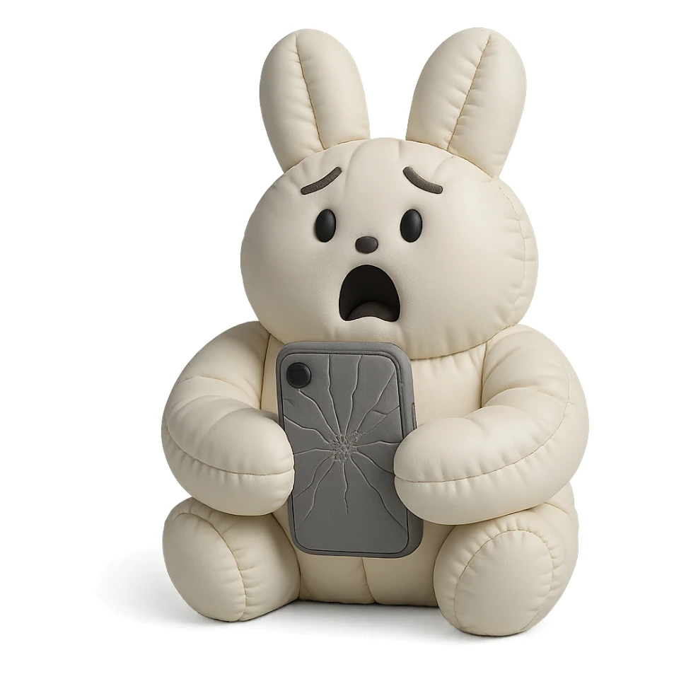 white bunny holding cracked phone with shocked face, cushion style sticker