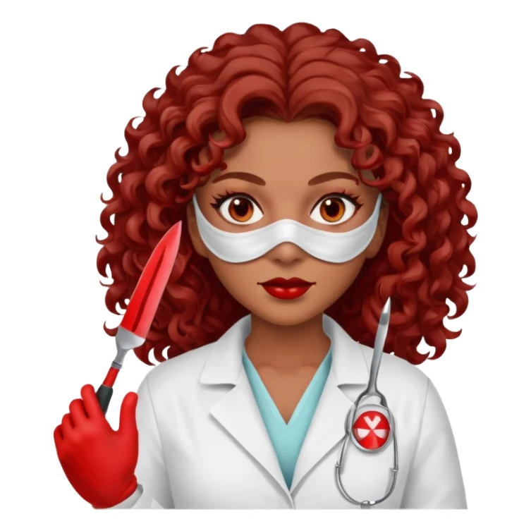 Scary woman scalpel in hand, evil surgeon sexy surgeon clothes.  She has red eyes. Her  brown long curly hair. Wears sexy doctor outfit with red gloves. make her hair free and brown but have mouthy  wear  mask  to hide. Wears white surgeon jacket and  has lon* brown hair. sticker