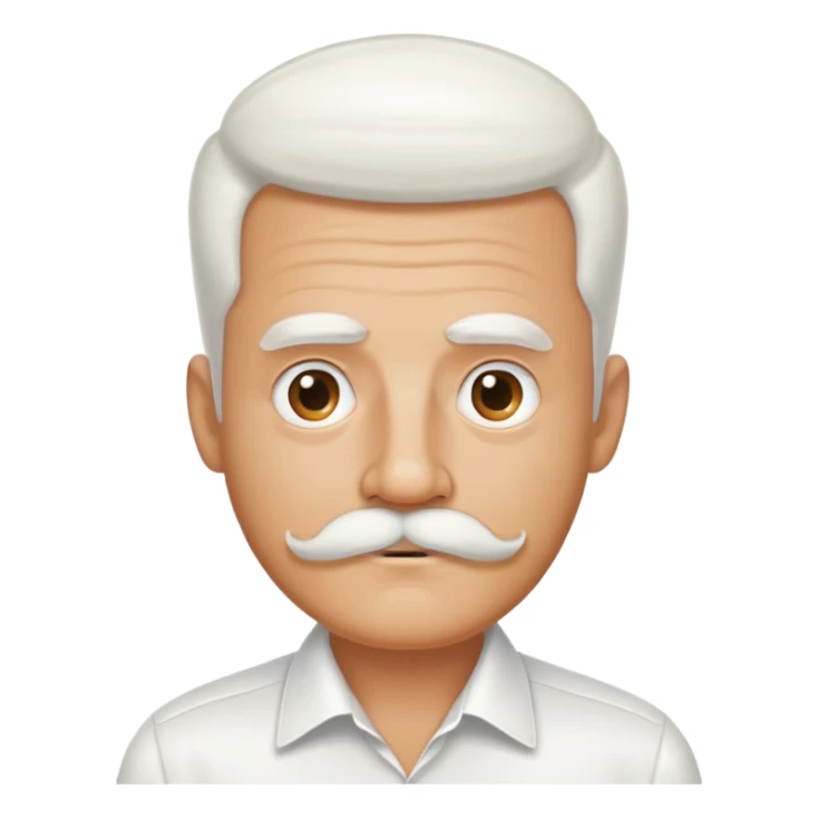man with oval-shaped flat-top head, bushy white mustache, wearing a white shirt with three white buttons sticker