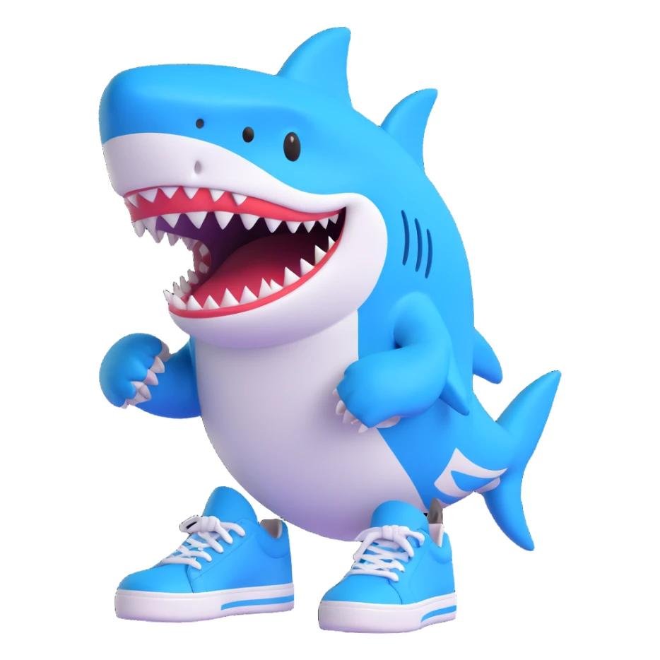 shark wearing blue sneakers, emoji style, transparent background sticker