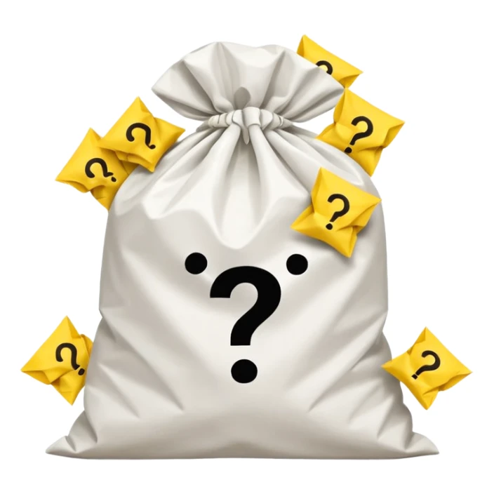 white goodiebag with yellow questions mark boxes stuffed in it sticker
