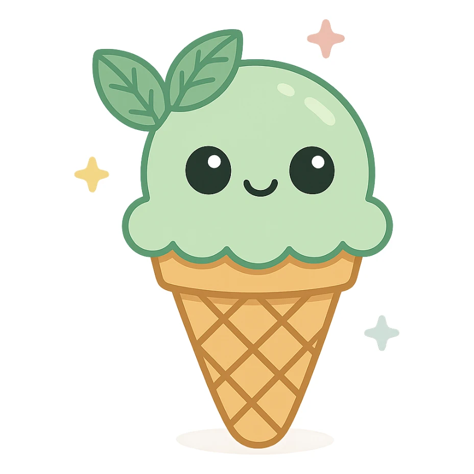 cute illustration of mint ice cream cone, crunchy cone, light green ice cream scoop, mint leaf details, cartoon style sticker