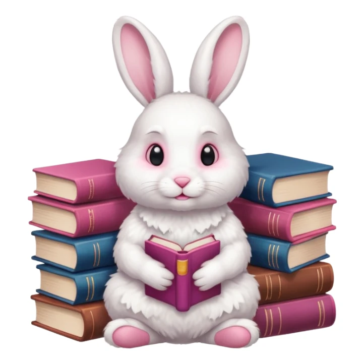 White rabbit sitting on 4 legs next to a stack of books consisting of 3 books sticker
