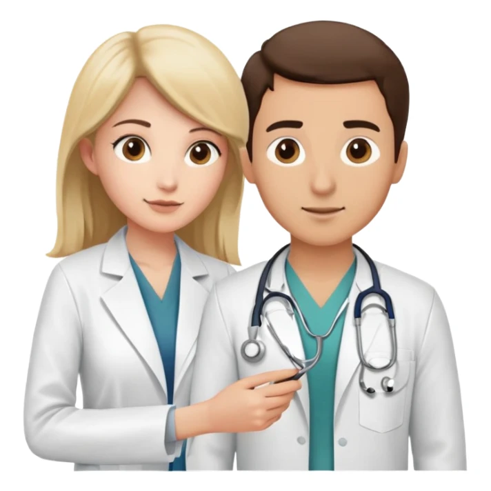 Female doctor in white coat using stethoscope to examine male patient's bare upper body during medical check-up sticker