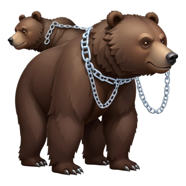 Dark chocolate brown grizzly bear shown from head to tail, standing on four legs, realistic appearance, serious face, ice chain collar, complete body sticker