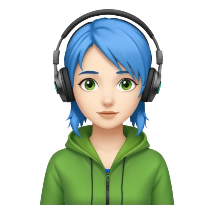 blue haired woman with headphone and green costumes  sticker