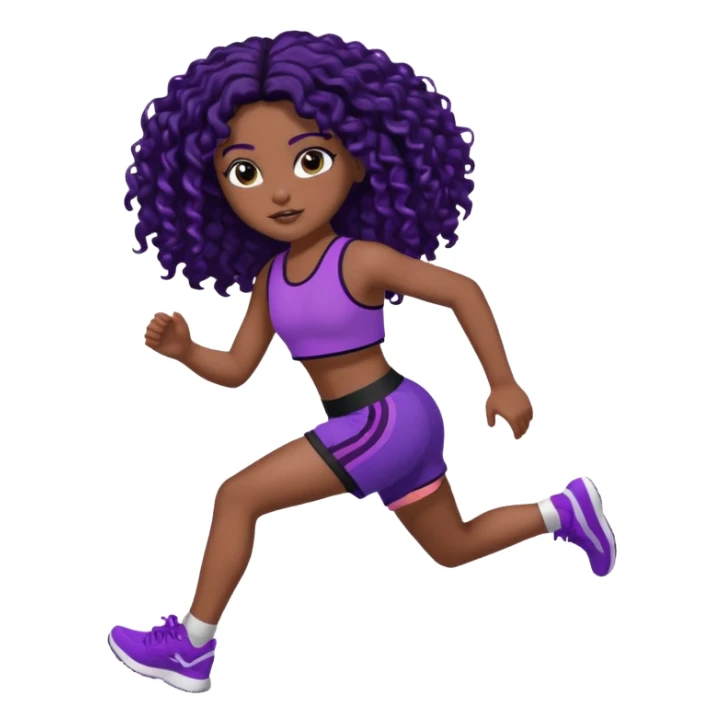 Uma boneca morena escura com olhos castanhos e cabelo cacheado longo preto até o peito, treinando correndo a roupa top curto, roxo com detalhes preto e short roxo com detalhes preto sticker