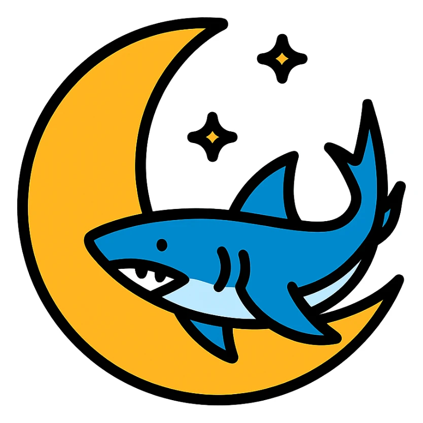 moon with a shark icon in lineal color with black outlines sticker