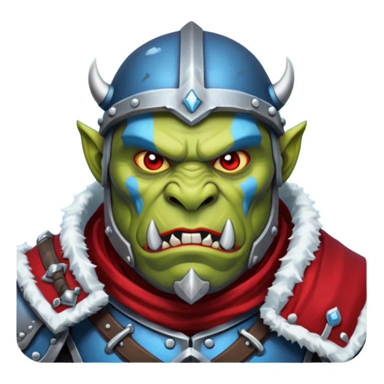 Fantasy Christmas orc legion soldier icon, iron tundra army theme, heavy winter armor, disciplined brutal look, dark icy steel armor with bold crimson cloth and markings, cold blue shadows, high contrast, clean emoji portrait style
 sticker
