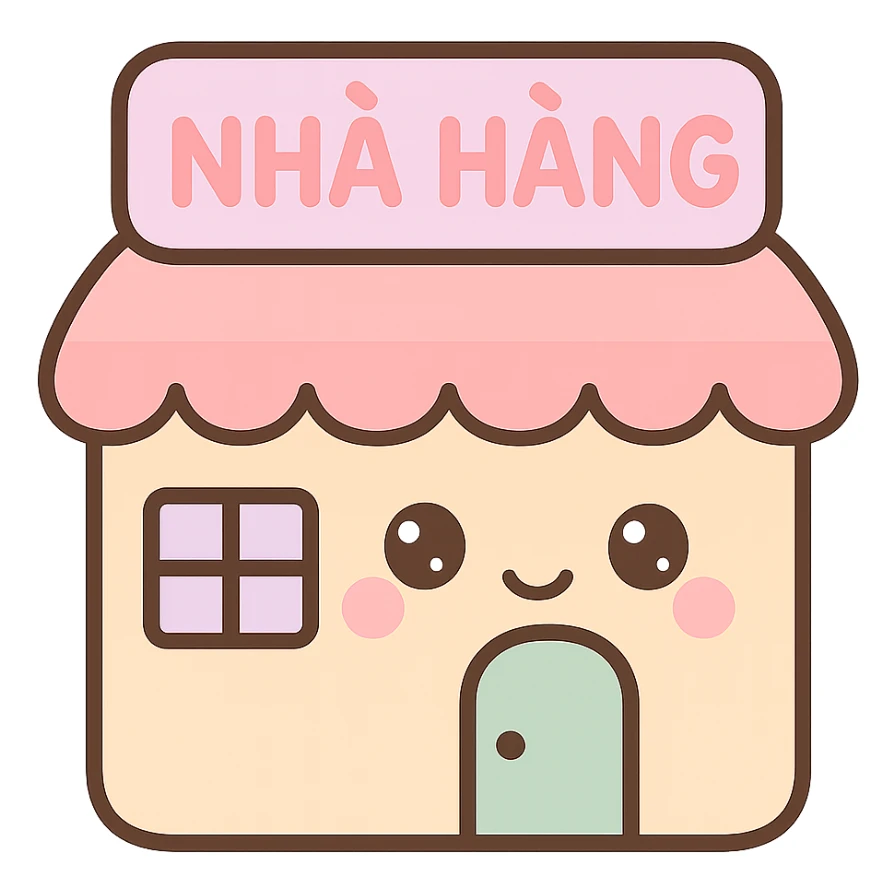 Change the restaurant sign to Vietnamese: 'nhà hàng', keep the kawaii chibi anime style with flat pastel colors, thick outlines, and simple cute features, transparent background. sticker