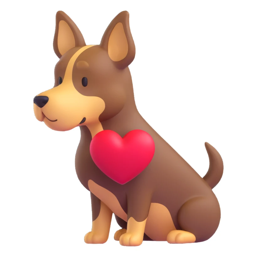 3D emoji-style dog silhouette with a heart shape integrated, simple and clear for a tab icon sticker