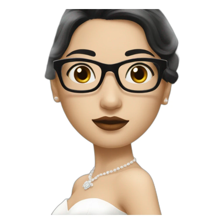 a white bride with black hair and seethrough glasses and a long sleeves sticker