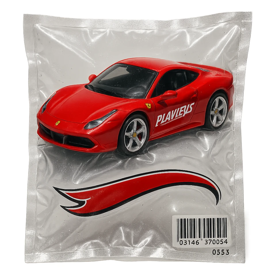 red Ferrari in Hot Wheels packaging, 'PLAVLEYS' in stylized racing script on the door, glossy vacuum-sealed style sticker