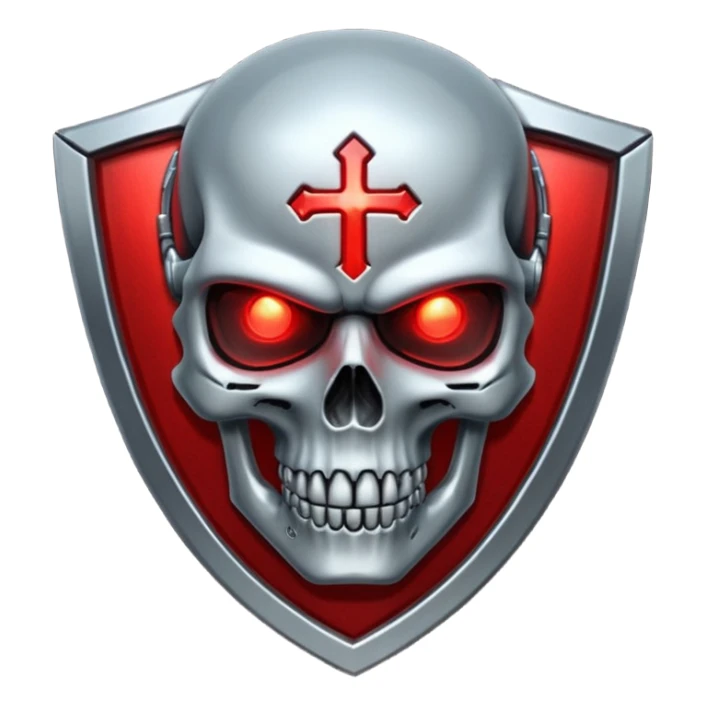 Sci-fi shield badge, terminator style skull, glowing red eyes, crossed futuristic sable and energy sword, no background sticker
