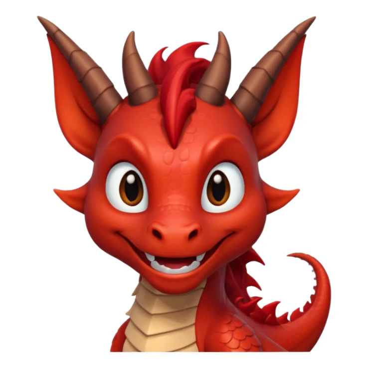 Cute Red dragon smile.  dark horns, pointed ears. Brown mane hair. Head only, Headshot sticker