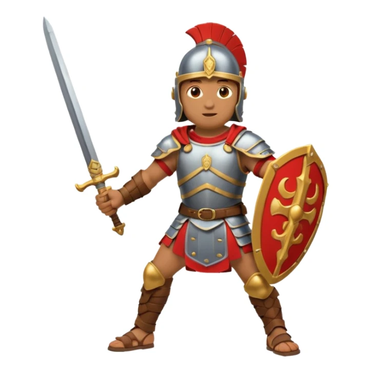 Roman gladiator with helmet and sword, dynamic pose, Puy du Fou theme park emoji sticker