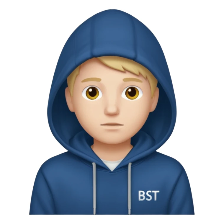 make an image of white person wearing hoodie with "BST" letters on it sticker