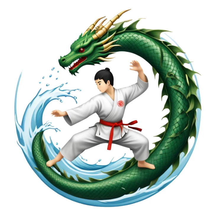 An icon symbolizing Eastern martial arts in the style of an emblem, featuring a black-and-white Yin-Yang symbol and a dragon at the center. A martial artist is performing a fluid kick, surrounded by elements like a dojo and bamboo. Transparent background highlights balance and power. sticker