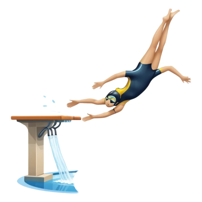 An icon showing a diver captured mid-air in a graceful pose above a pool, with a diving board behind and water below. Splash trails and motion lines emphasize precision and elegance. Transparent background highlights the beauty and focus of competitive diving. sticker
