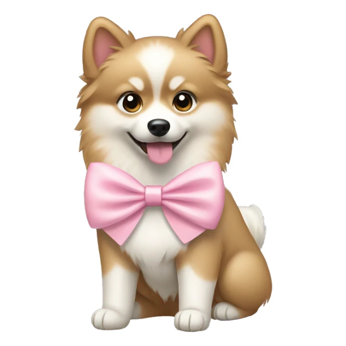 Tan and white pomsky dog with a light pink bow sticker