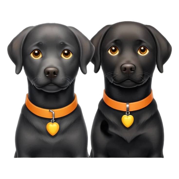 2 black labrador, adult, one has a yellow and the other an orange collar sticker