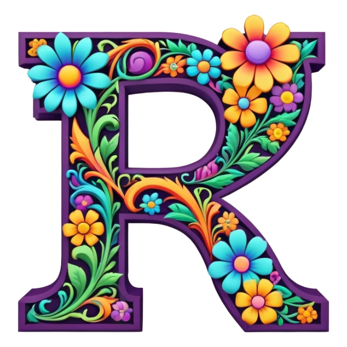 3D, gothic style psychedelic colored Letter “F” with hippie style flower border sticker