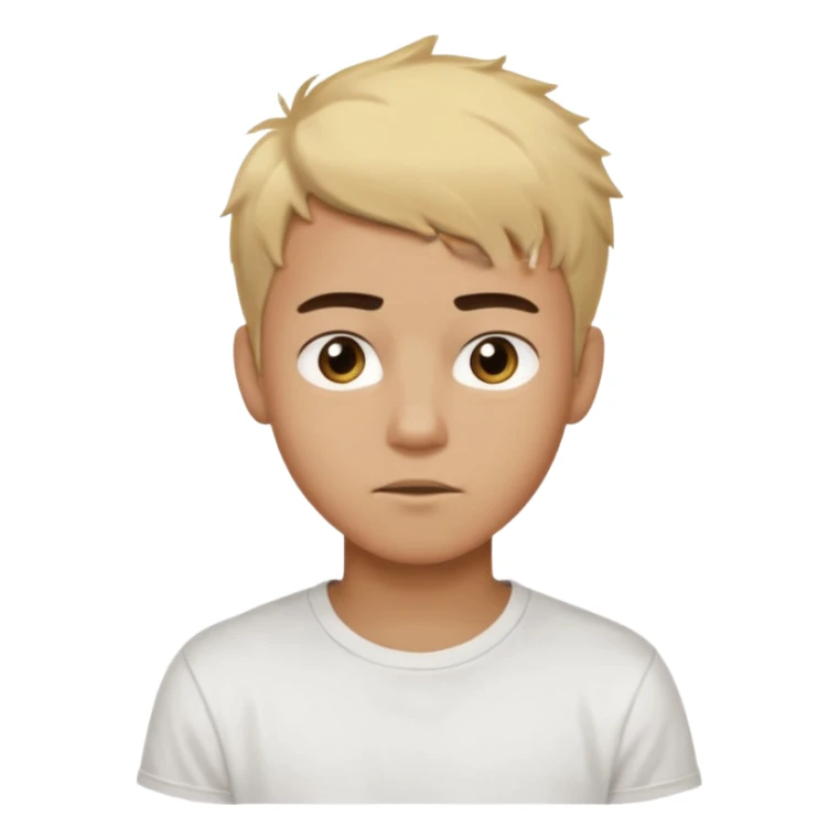 Short buzz, messy blonde hair. Dark brown bushy eyebrows large expressive golden-brown eyes, wearing a plain white t-shirt. Male Teenager. light Dark Brown skin color.  sticker