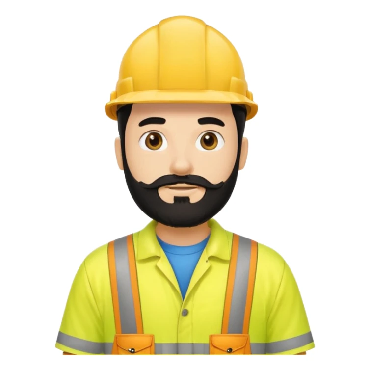 Man in yellow hi vis overalls, with black hair and full beard sticker