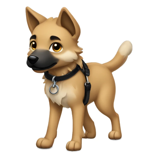 4 short legs a light brown puppy-like wolf with black  ears with black leash  is walking sticker