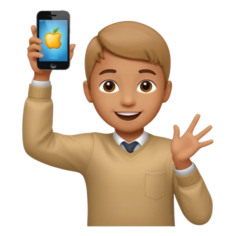 happy child dancing with a phone, one arm up, apple style emoji sticker