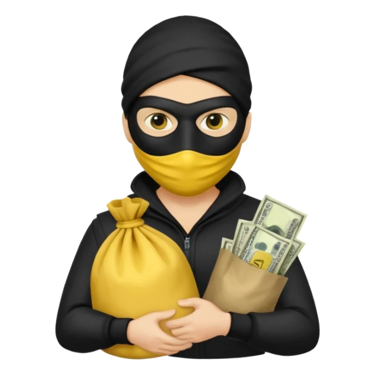 Ladrão com saco de dinheiro emoji efeito Mandela com pele amarelo com apenas a cabeça e os ombros aparecendo sem mãos sticker