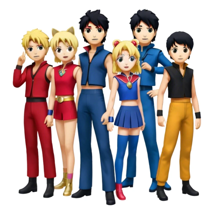 Icon for Anime Collage: Vibrant close-up collage Characters from Cowboy Bebop, Naruto, Bishoujo Senshi Sailor Moon and Kimetsu no Yaiba, each in their iconic poses and vibrant outfits, blended together with dynamic backgrounds. Transparent background. sticker