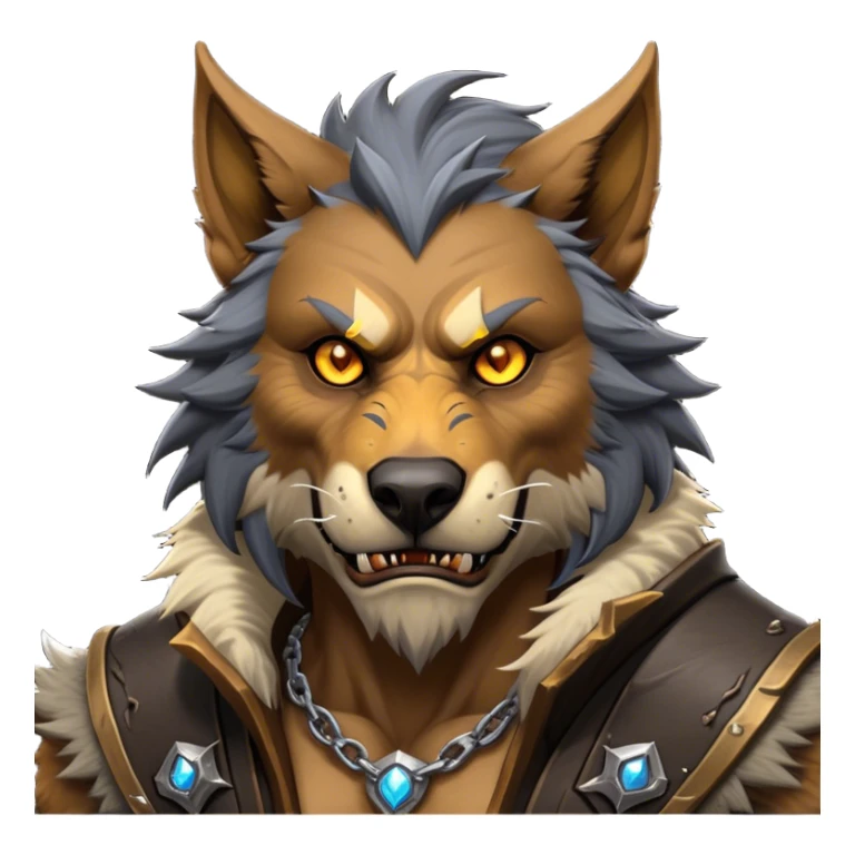 Cinematic Realistic WoW Worgen Portrait, head tilted epicly and inquisitively, showcasing the striking fusion of human intellect and beastly ferocity. His rugged fur and tanned skin, accented by piercing amber eyes and meticulously rendered worn leather garments, are bathed in dynamic lighting, high shine, epic and awe-inspiring, capturing the relentless spirit of a worgen at the apex of his power. sticker