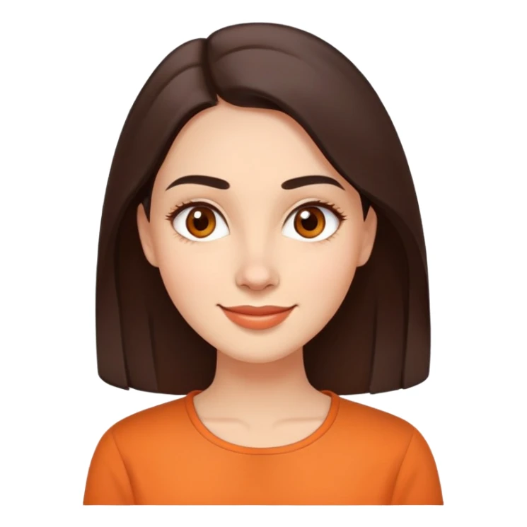 Warm enthusiastic woman with light skin, oval face, soft defined features, large expressive brown eyes, medium arched eyebrows, small nose, medium lips with relaxed smile, long dark brown hair, wearing an orange blouse sticker