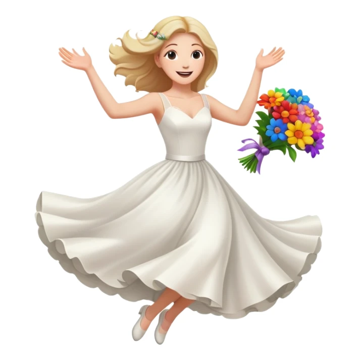 White woman, white wedding dress, happy, jumping, flowers, dreamy, colorful sticker