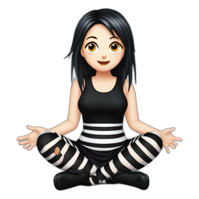 Full body Front view curvy emo girl sits on the floor straight view hands up black skirt striped stockings sticker