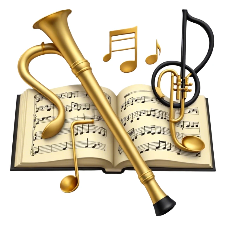 Create a sophisticated and elegant emoji that represents orchestration and arrangement. The design should feature a conductor’s baton, musical notes, and a symphonic score, symbolizing the process of arranging and orchestrating music. Incorporate instruments like a violin, trumpet, and piano keys subtly in the background, representing different sections of the orchestra. Use classical and refined colors such as gold, deep red, and black to evoke the grandeur and precision of orchestration. The background should be transparent. sticker