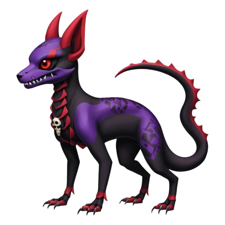 Gothic Black red purple Scaley Exotic Salandit-Umbreon-Noibat-Houndoom-Fakémon-hybrid-creature (full body), 4 legs, skull face mask sticker