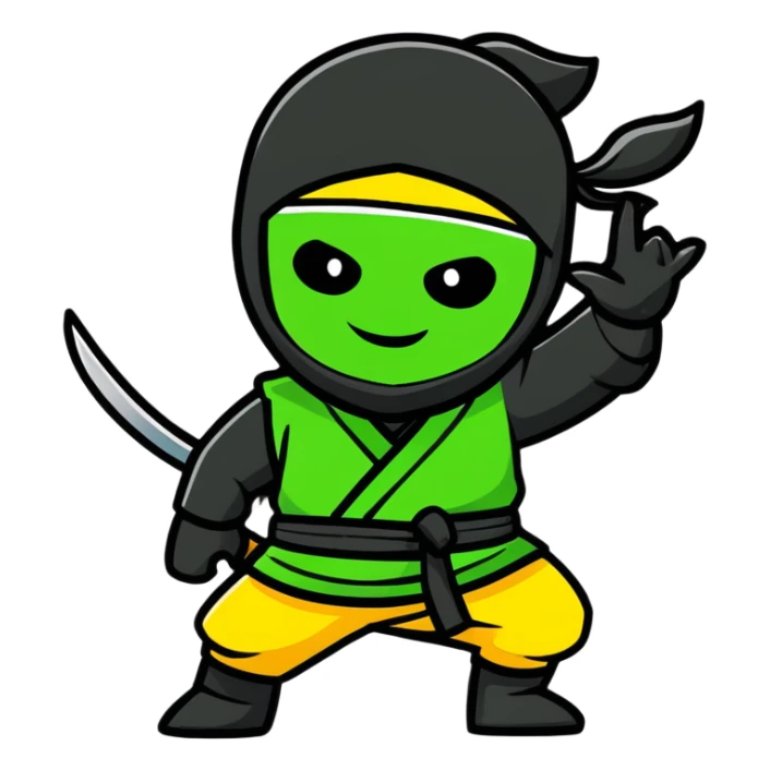 A confident ninja in yellow, green and black merged colors, smiling and saying "HI" sticker
