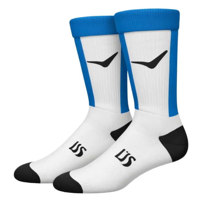 pair of white crew socks with black swoosh logo sticker